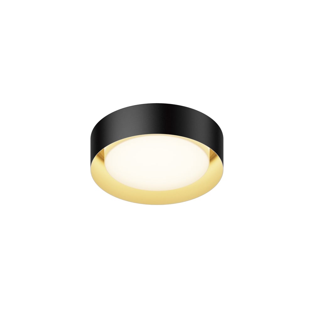 ET2 Echo Ceiling Light in Aluminum finish, featuring a sleek black with gold design, elegantly illuminates the room with modern style.