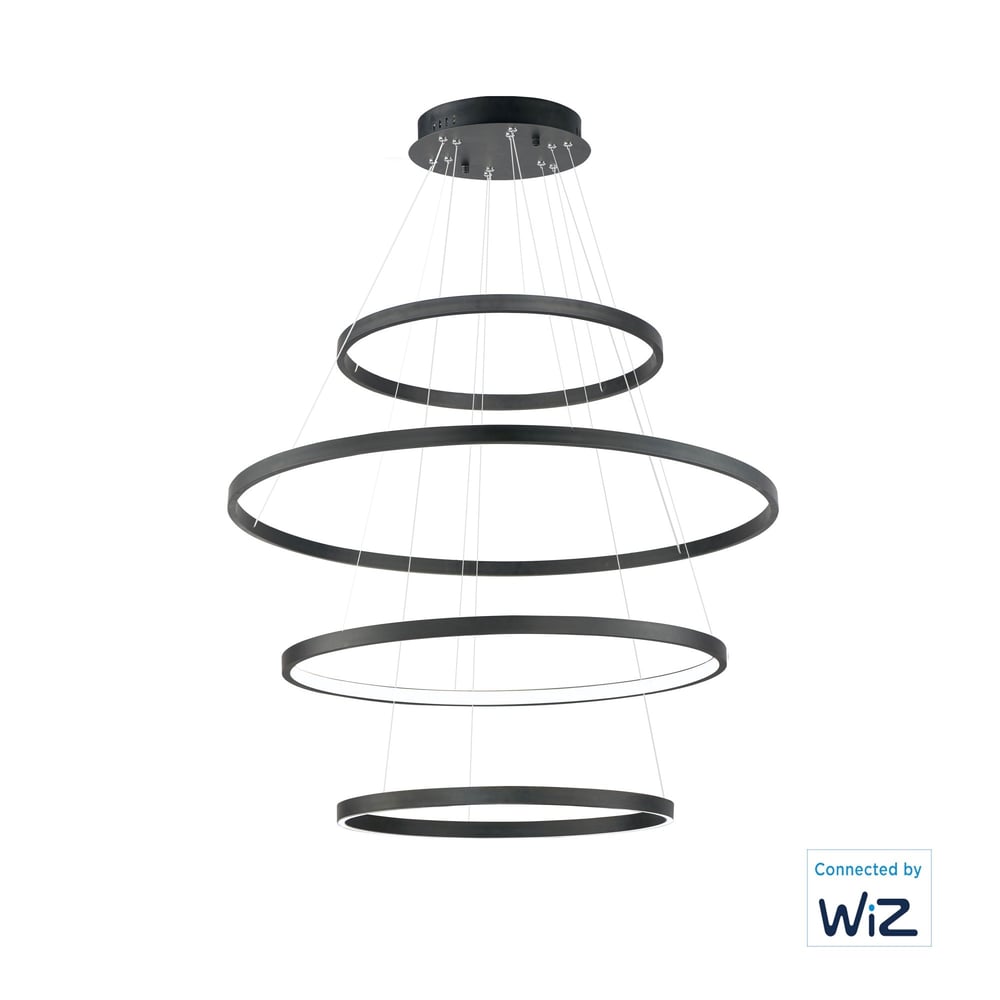 ET2 Groove Four Tier Pendant light fixture made of black aluminum with a modern design, featuring four tiered rings for a sleek, contemporary look.