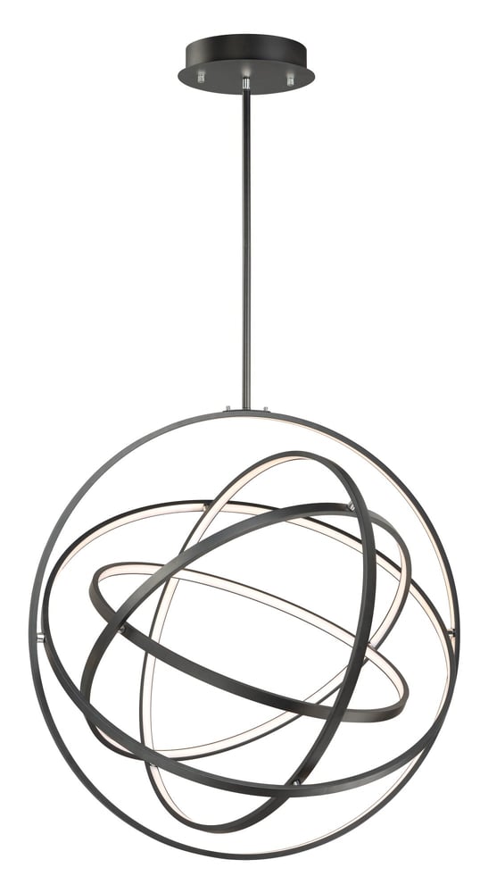 ET2 Gyro Pendant Light with an Aluminum finish, featuring a spherical design with intersecting rings, suspended by a sleek black cord.