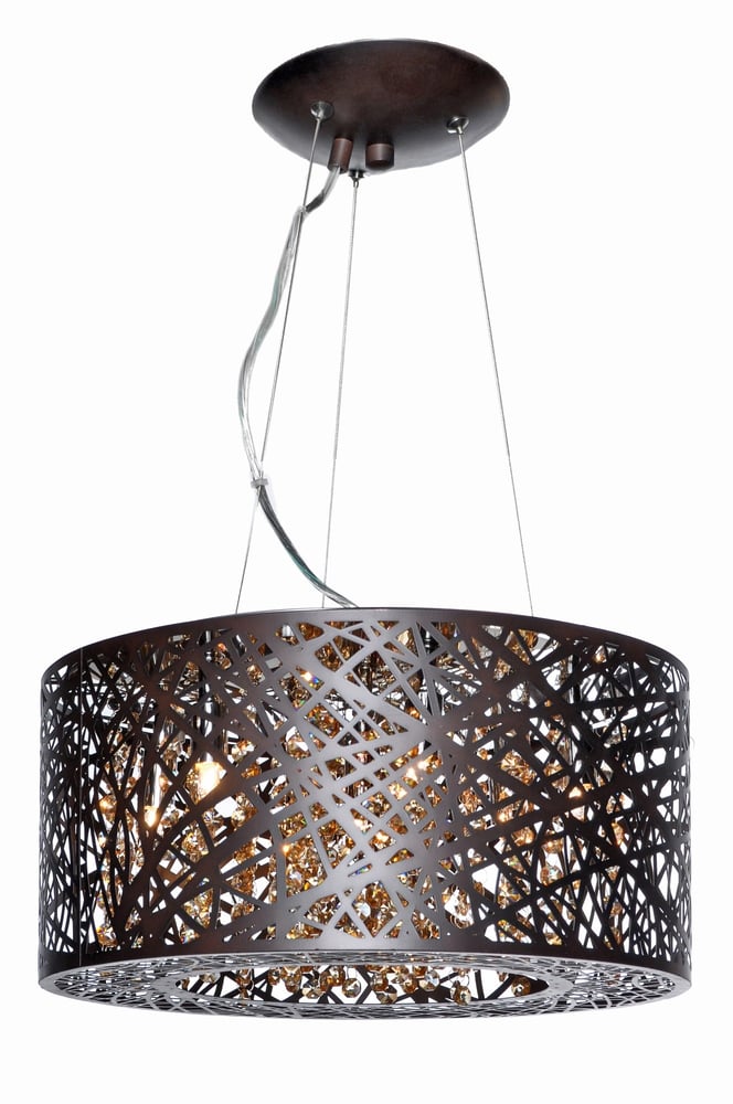 ET2 Inca Round Pendant in Bronze finish with intricate steel lattice design, casting a warm, patterned light.
