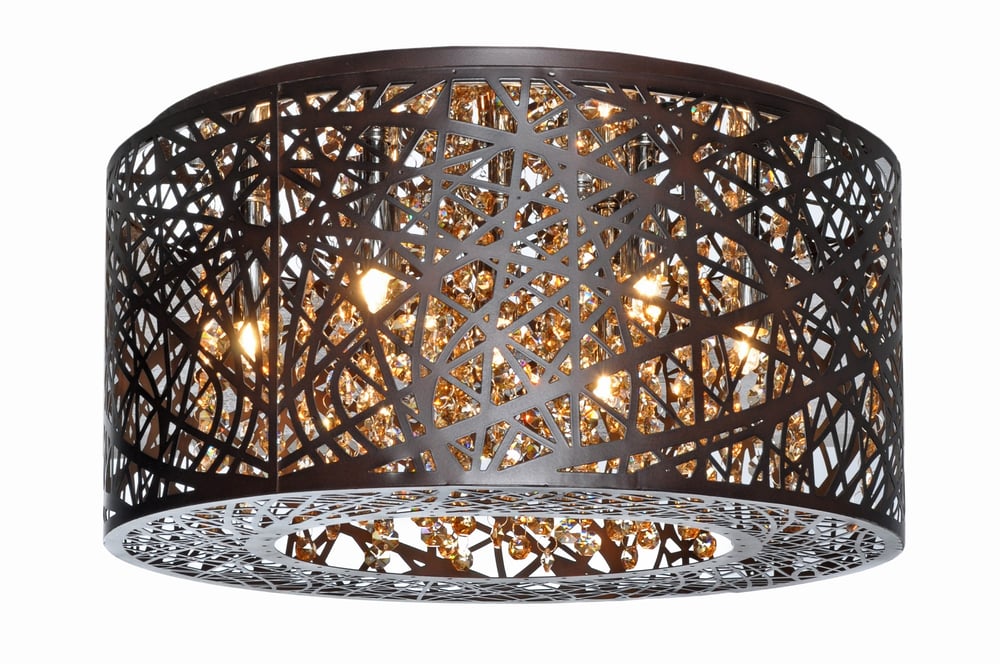 ET2 Inca Ceiling Light Fixture with a steel frame and bronze finish, featuring intricate geometric patterns and warm ambient lighting.