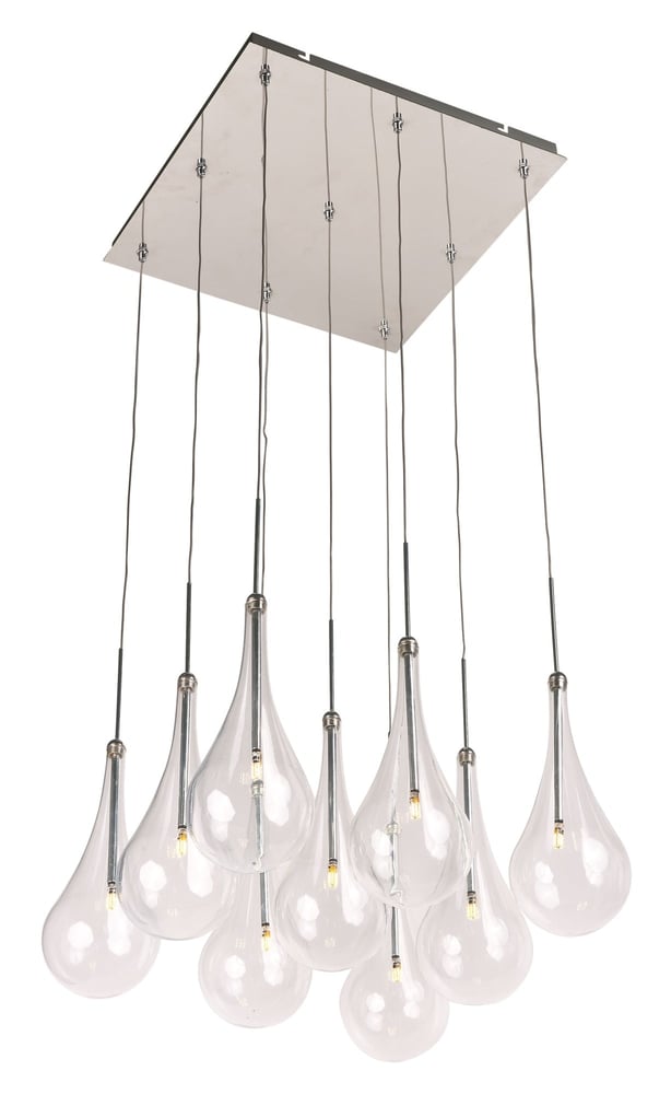 ET2 Larmes Square Multi-Light Pendant featuring glass teardrop-shaped lights suspended from a polished chrome square base.