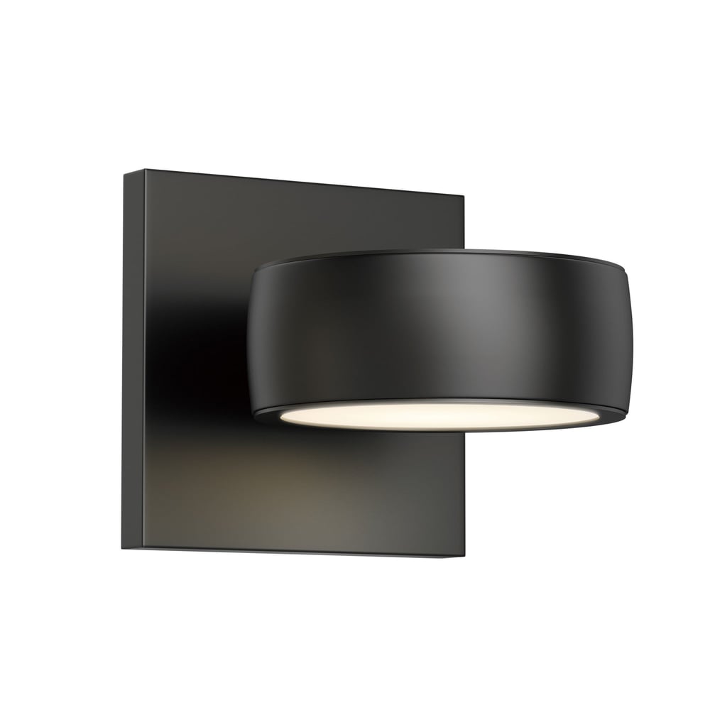 ET2 Modular Outdoor Wall Sconce with a sleek Aluminum frame and Black finish, mounted on a wall, emitting a warm glow.