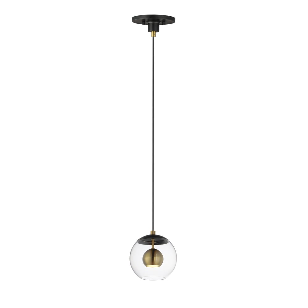 ET2 Nucleus Pendant featuring a sleek design in Steel, finished in Black with Natural Aged Brass accents, hanging elegantly from the ceiling.