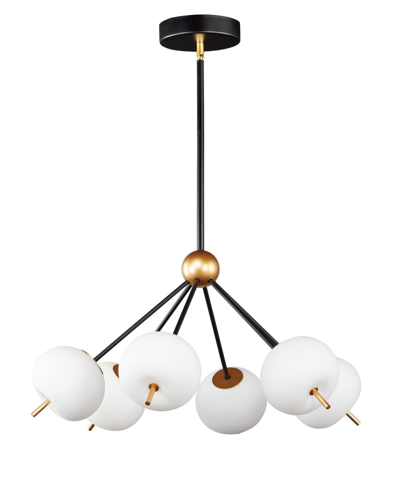 ET2 Quest Pendant, a sleek lighting fixture in black with gold accents, crafted from steel, hanging elegantly from the ceiling.