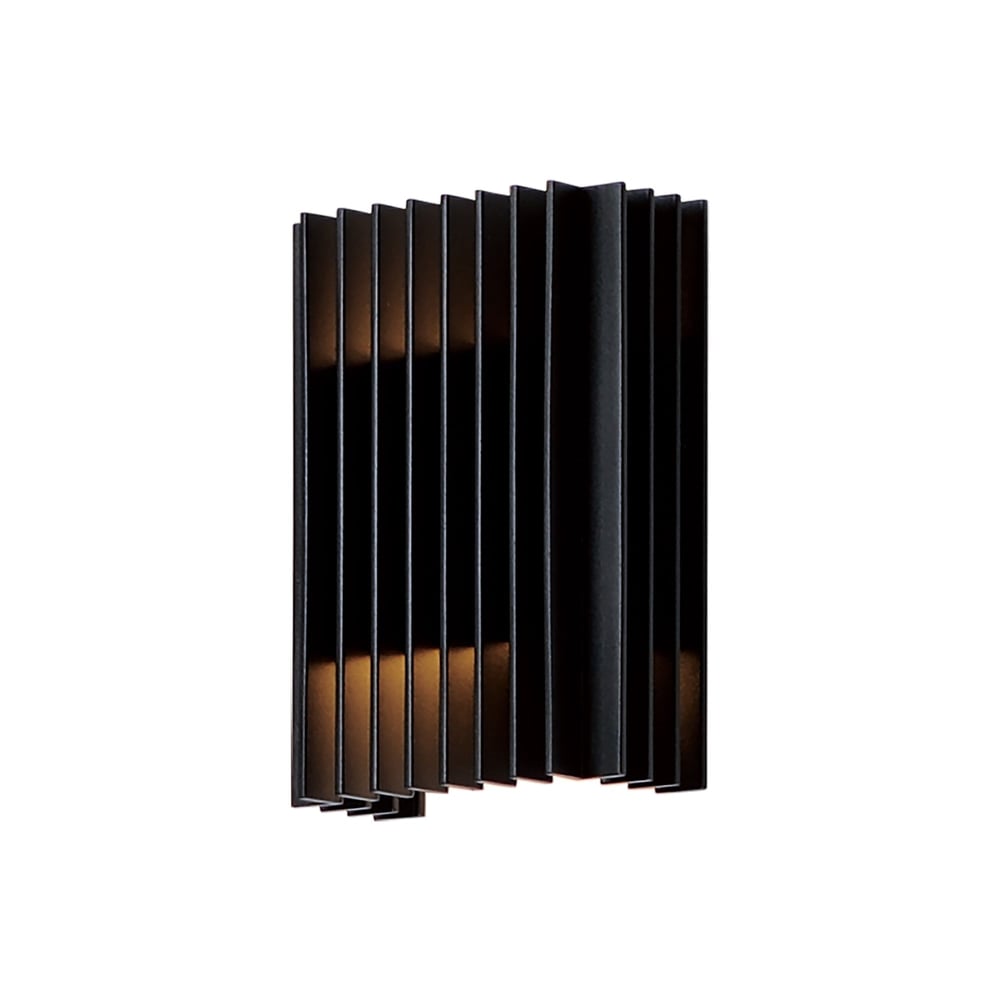 ET2 Rampart Outdoor Wall Sconce in Black Aluminum finish, mounted on a wall, emitting a warm glow, showcasing its modern geometric design.