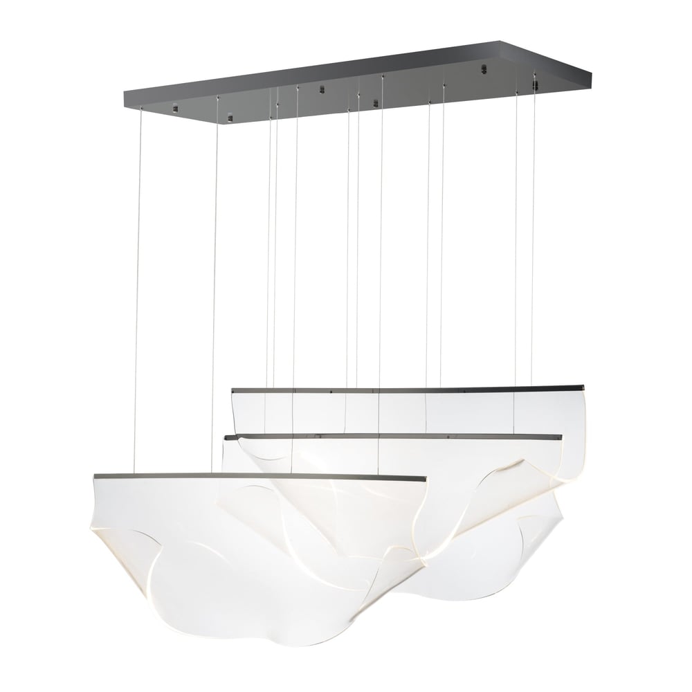 ET2 Rinkle 3-Light Linear Pendant in Brushed Gunmetal finish, featuring a sleek steel frame with three cylindrical lights hanging in a row.