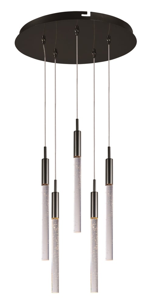 ET2 Scepter Multi Pendant in Black Chrome finish, featuring sleek steel rods with elegant glass accents, suspended in a modern, geometric design.