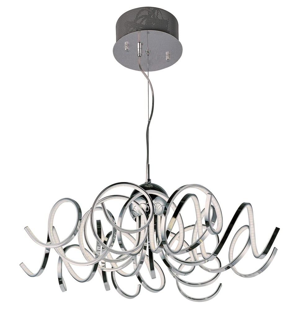 ET2 Chaos LED Pendant with a sleek, modern design featuring intertwined LED strips in a polished chrome finish, creating a dynamic and elegant lighting fixture.