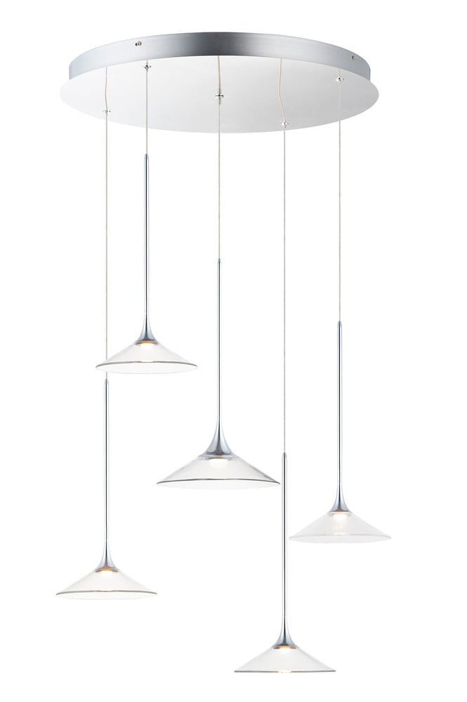 ET2 Cono LED 5-Light Pendant features a sleek, modern design with a polished finish, showcasing five cone-shaped lights suspended in a linear arrangement.