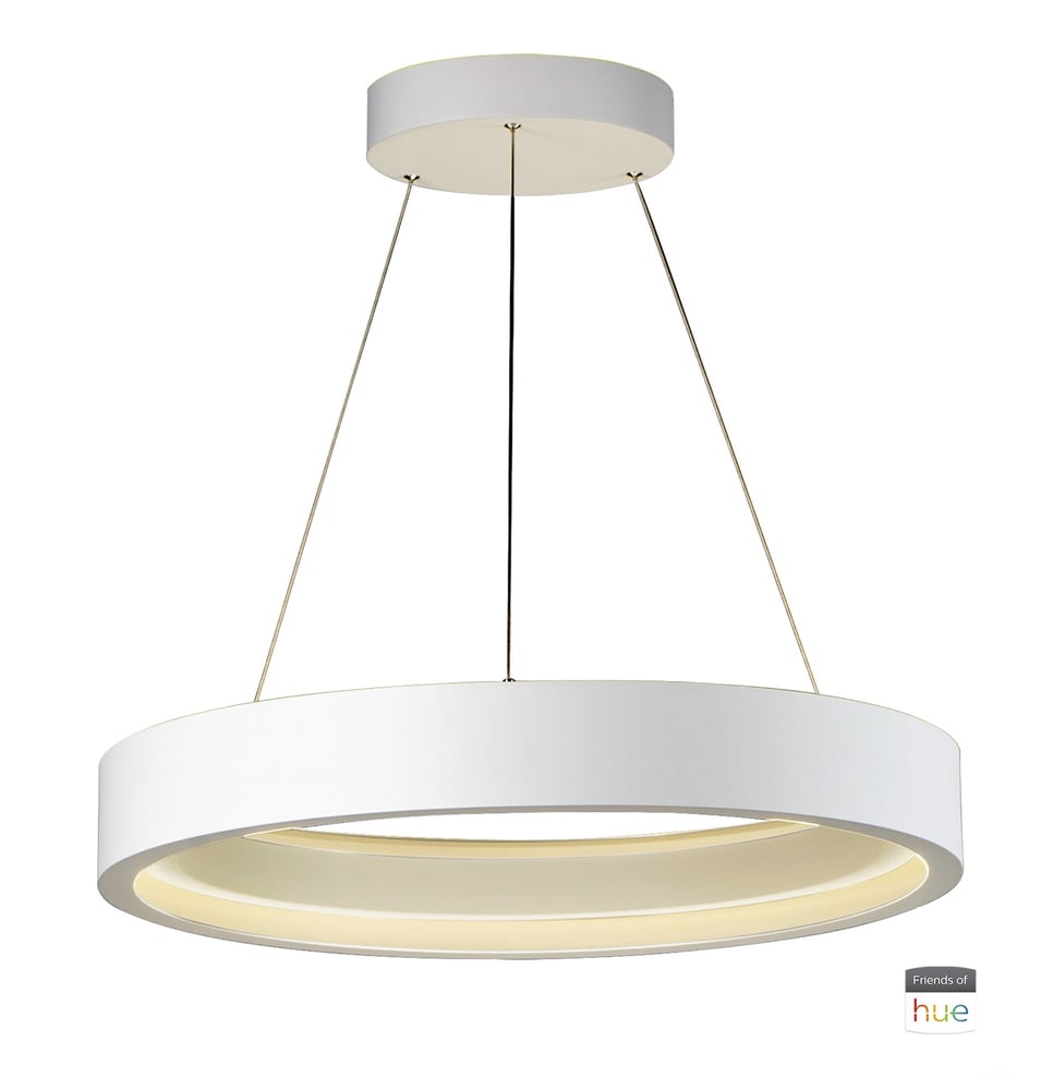 ET2 iCorona 28.5" Pendant Light with sleek, minimalist design, featuring a circular LED ring and modern finish, suspended by adjustable cables.