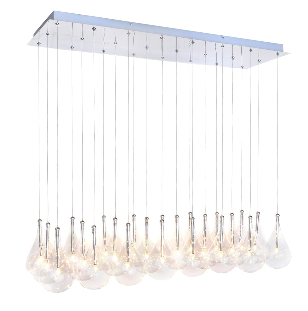 ET2 Larmes 24-Light Pendant with polished chrome finish and clear glass teardrop-shaped bulbs hanging at varying heights for a modern, elegant look.