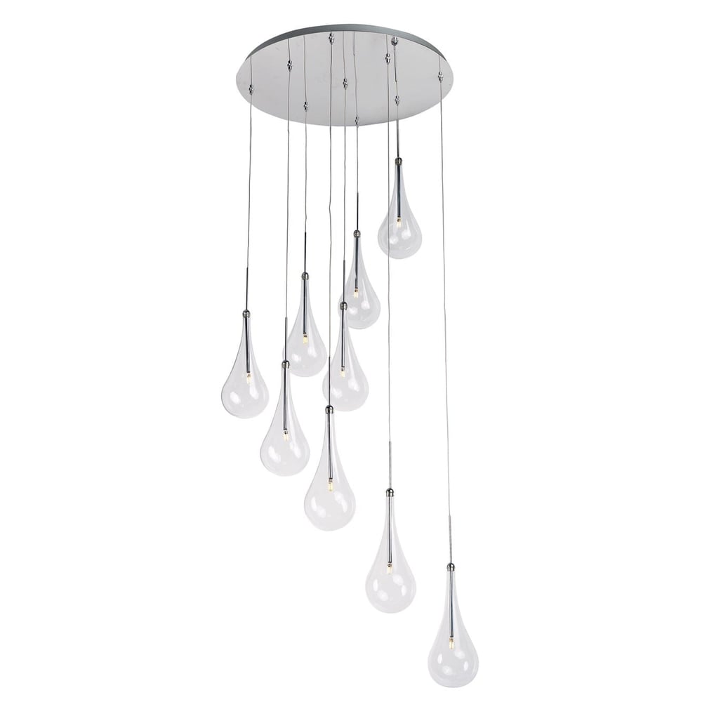 ET2 Larmes 9-Light LED Pendant with sleek, modern design featuring clear glass teardrop shades suspended from a polished chrome finish.