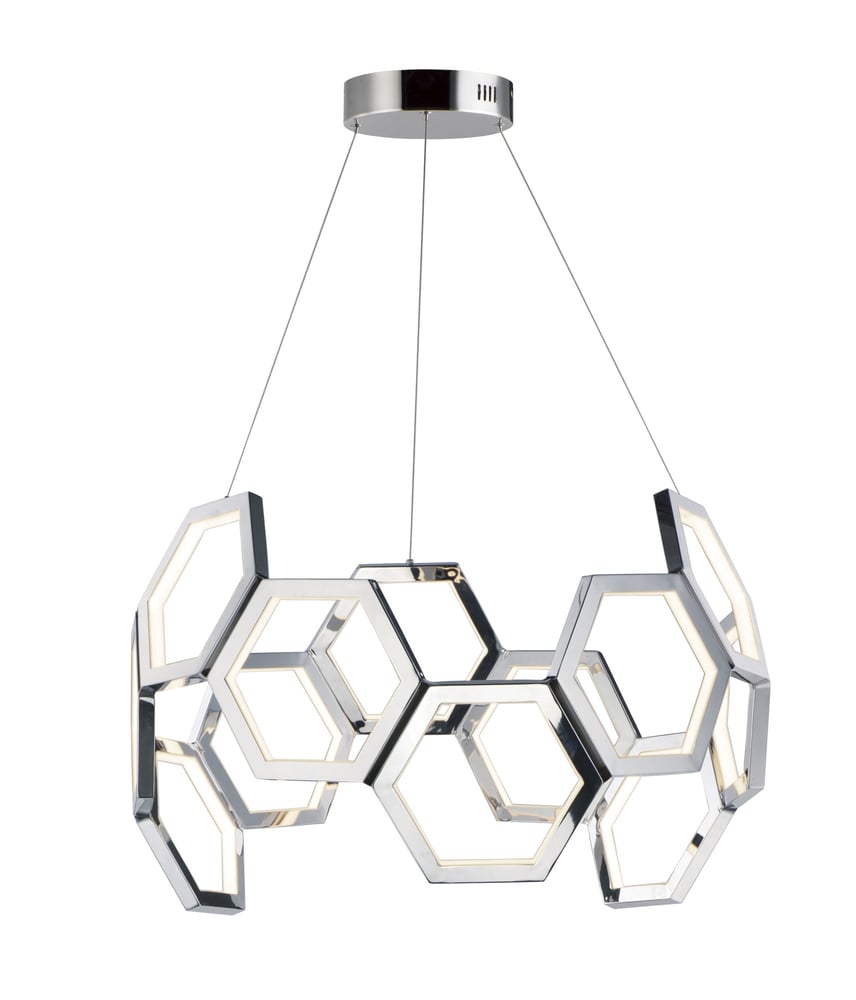 ET2 Polygon LED Pendant in a sleek, modern design with a metallic finish, featuring geometric shapes and energy-efficient LED lighting.