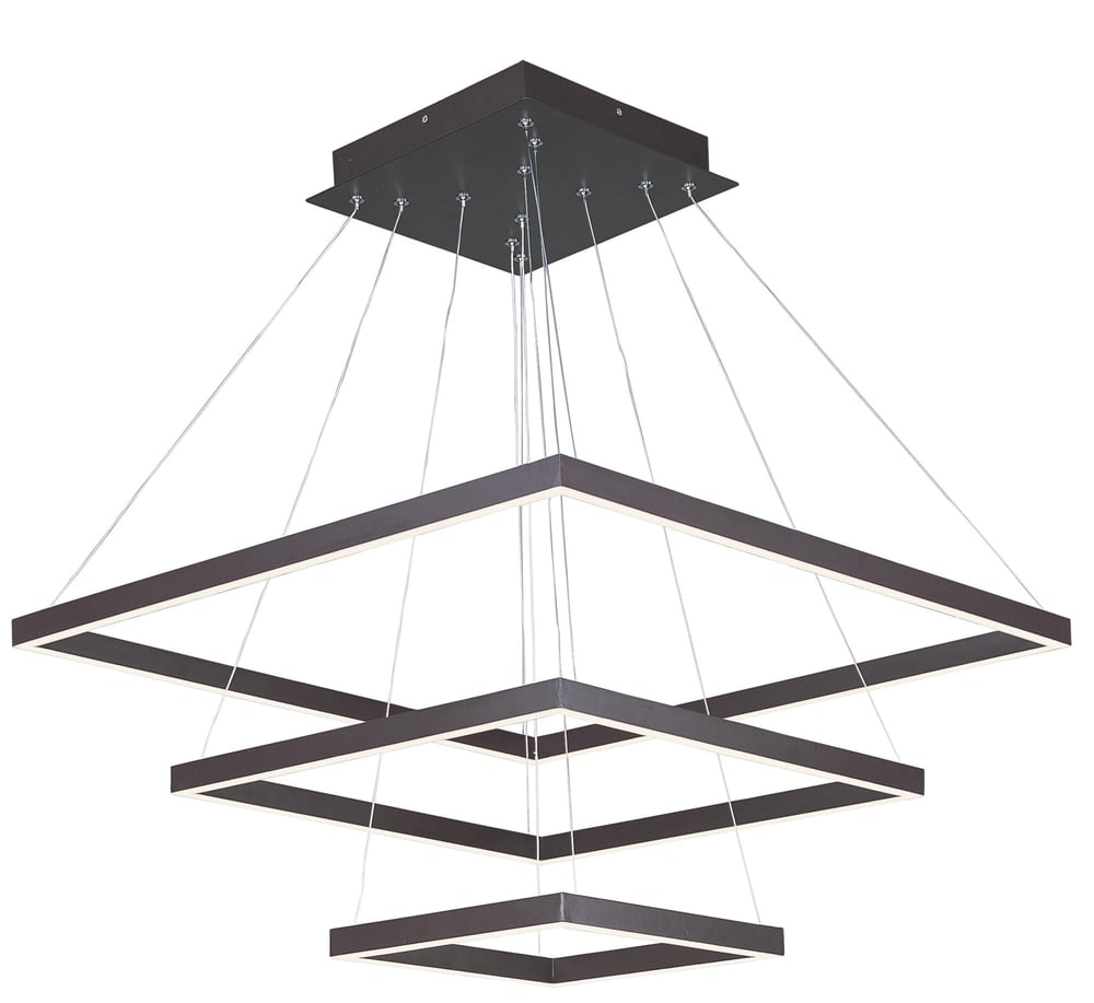 ET2 Quad 3-Tier LED Pendant with a modern design, featuring three rectangular tiers in a sleek finish, suspended by thin cables.