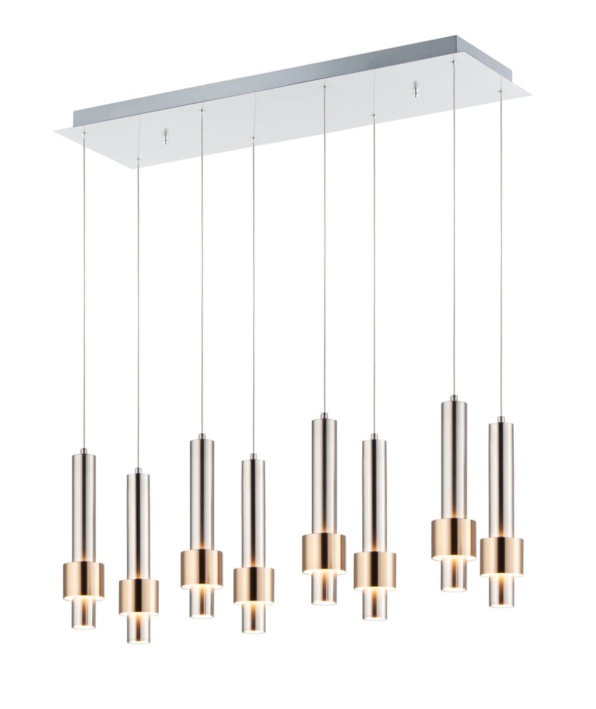 ET2 Reveal 8-Light LED Pendant in Black finish, featuring a modern, sleek design with circular LED lights suspended in a linear arrangement.