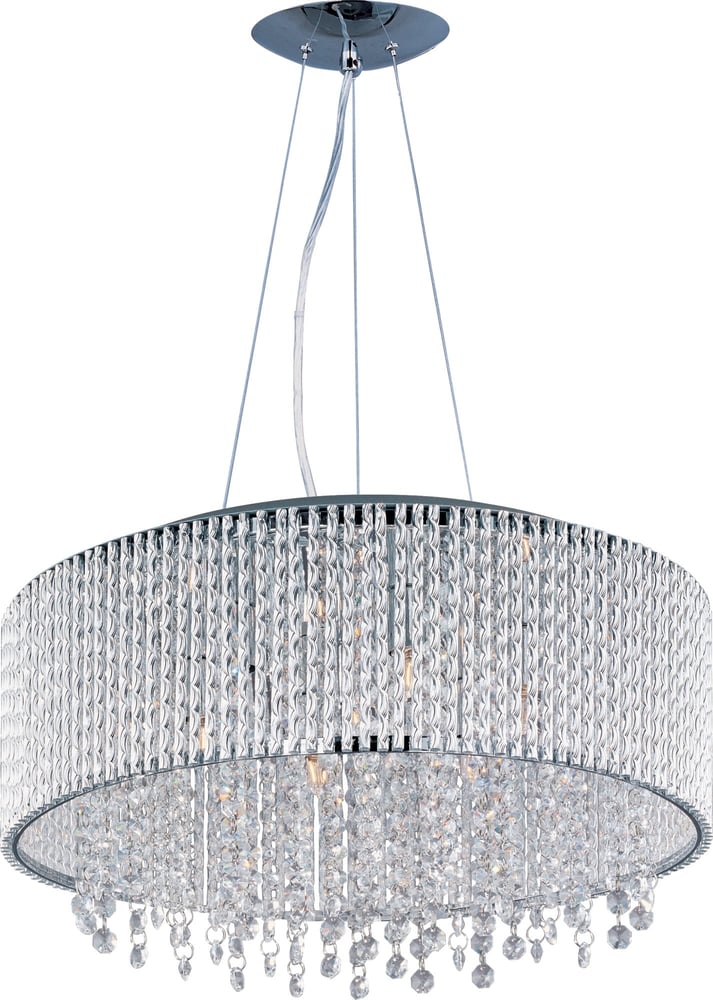 ET2 Spiral 10-Light Pendant with a sleek chrome finish, featuring a modern spiral design with cascading crystal accents, illuminating elegantly.