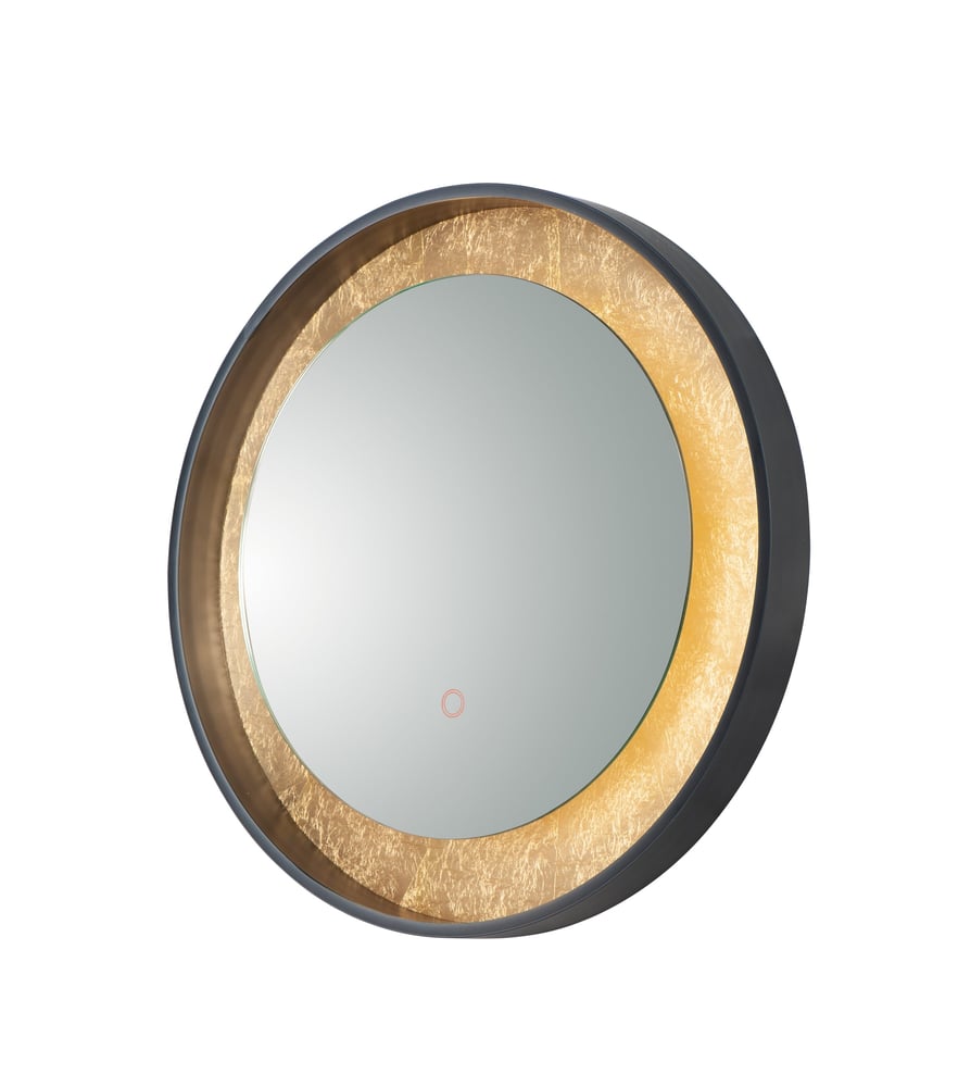 ET2 Floating LED Mirror with a sleek steel frame, featuring a gold leaf with black finish, elegantly illuminating any space.