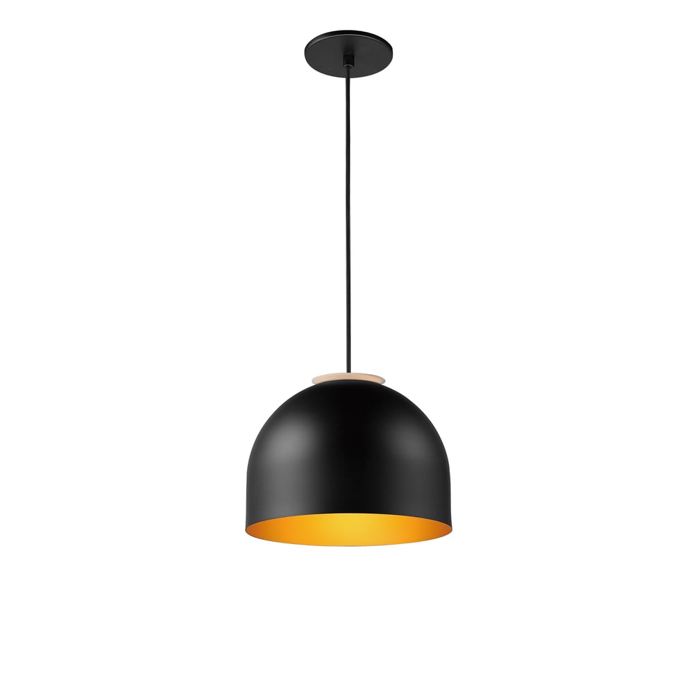 ET2 Foster Dome Pendant in Black with Gold finish, made of Aluminum, hanging elegantly from the ceiling, illuminating the space below.