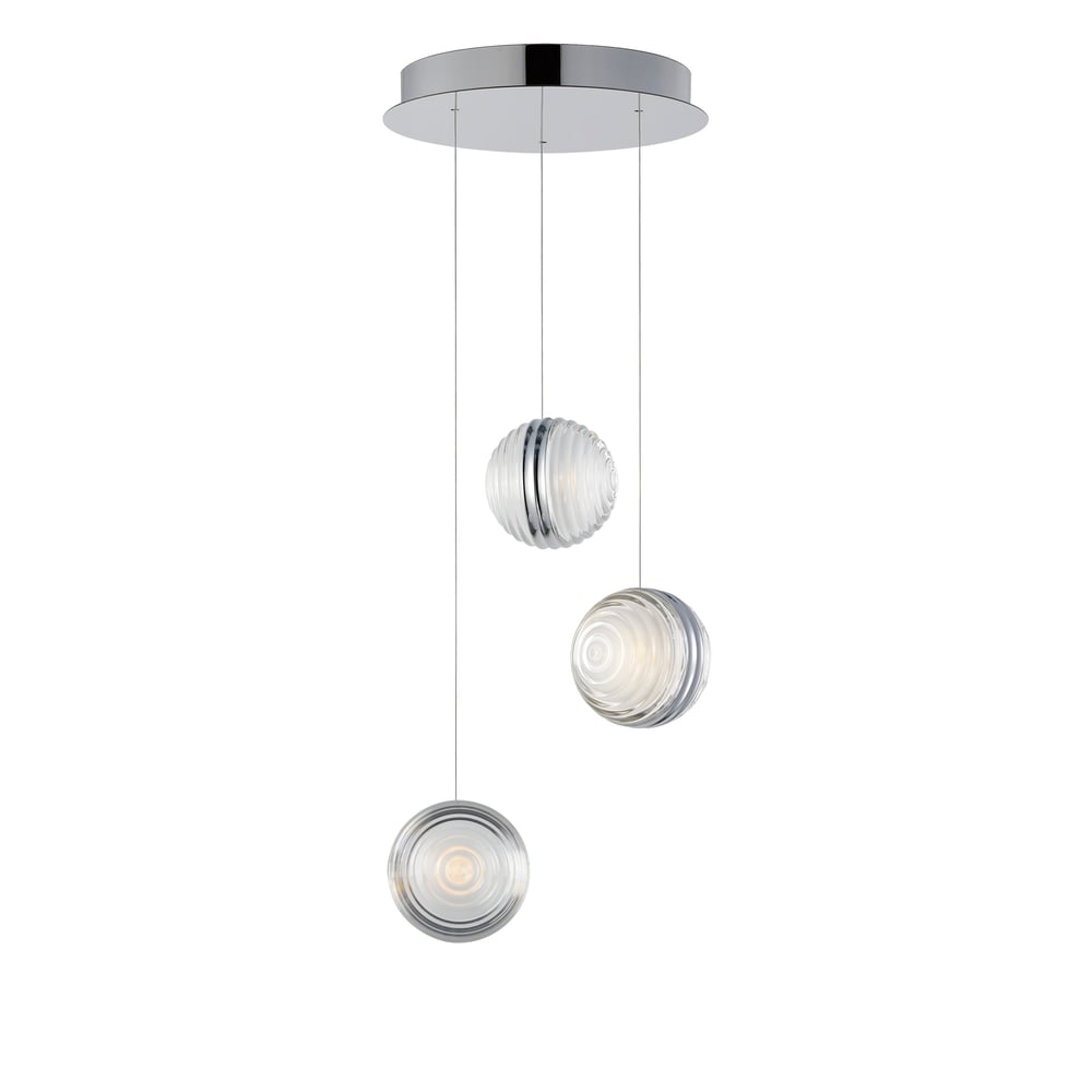 ET2 Pulse Acrylic Multi Light Pendant in Polished Chrome finish with Aluminum accents, featuring multiple hanging lights with sleek, modern design.