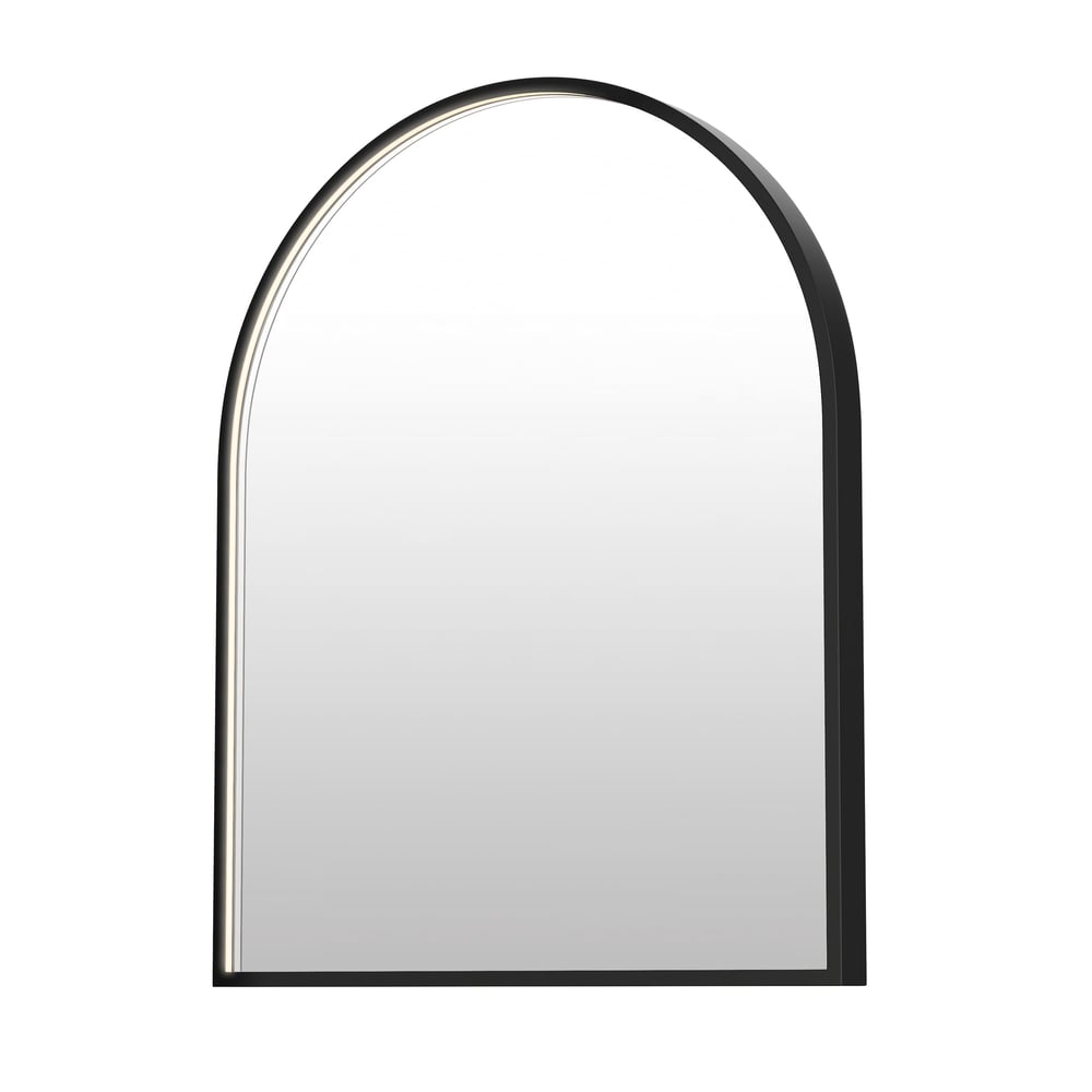 ET2 Elisse Arch LED Mirror with a sleek black aluminum frame, featuring energy-efficient LED lighting and a modern, elegant design.