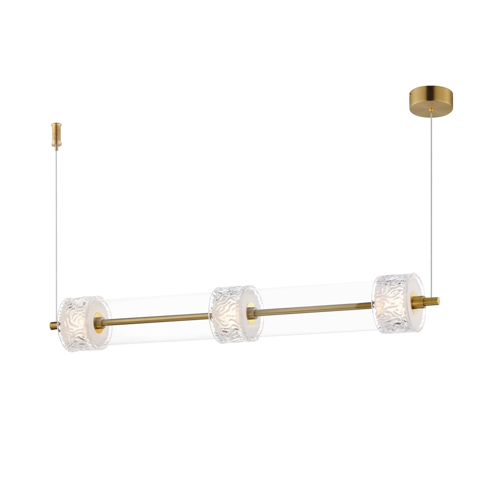 ET2 Elysian Linear Pendant in Natural Aged Brass finish, featuring a sleek design with Steel, Aluminum, and Glass elements, elegantly suspended.