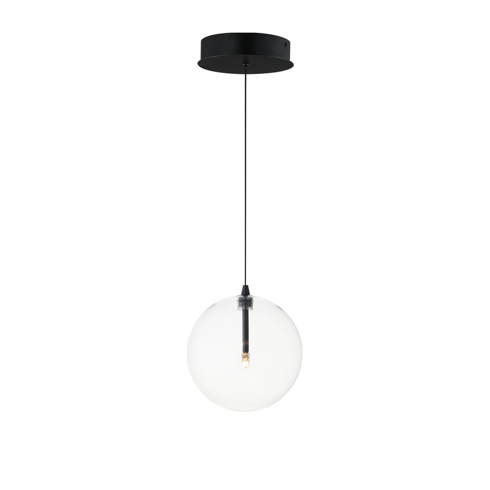 ET2 Global Pendant light fixture with a sleek black finish, featuring a modern design with steel and glass elements, elegantly illuminating the space.