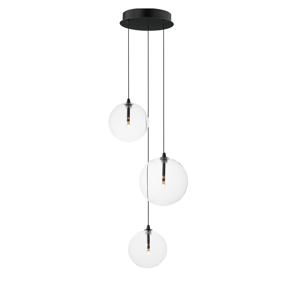 ET2 Global Multi-Light Pendant featuring a sleek design with black steel and glass elements, elegantly suspended in a modern arrangement.