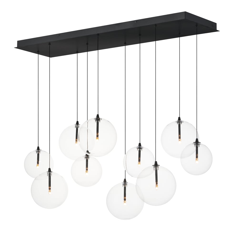 ET2 Global Linear Multi-Light Pendant featuring a sleek black finish with steel and glass elements, elegantly hanging in a modern setting.