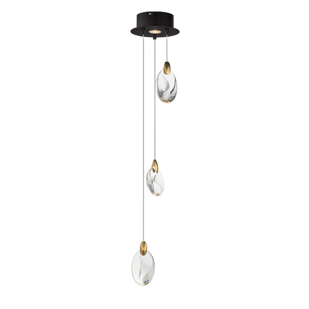 ET2 Pebble Multi-Light Pendant featuring a sleek design in Black with Polished Gold finish, crafted from Steel, Copper, and Crystal.