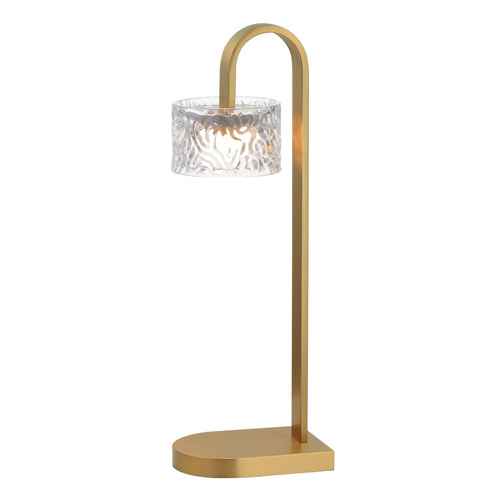 ET2 Elysian Table Lamp in Natural Aged Brass finish with a sleek Steel base and a modern Glass shade, elegantly illuminating a contemporary setting.
