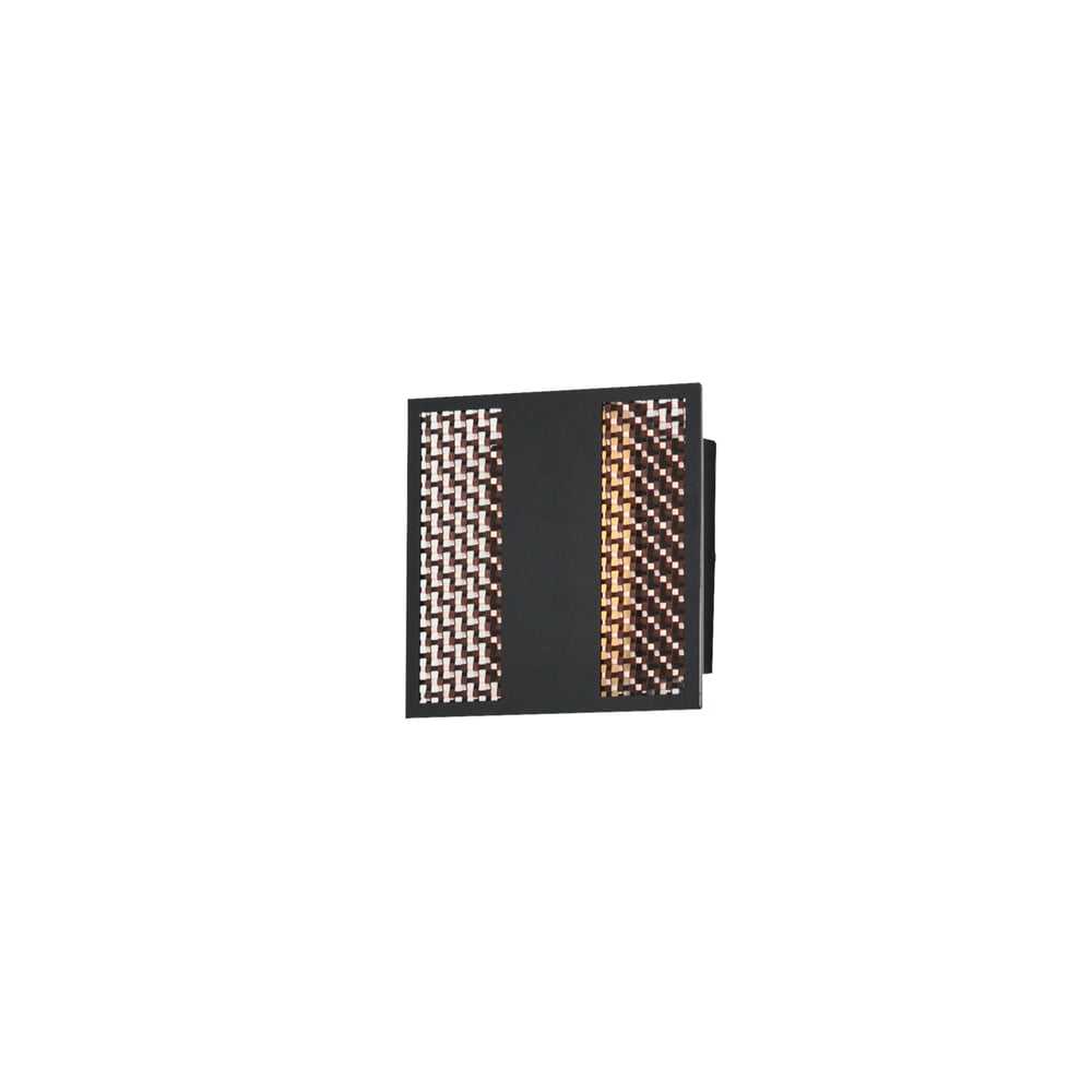 ET2 Interlace Square Outdoor Wall Sconce in Black with Aged Copper finish, crafted from Aluminum, mounted on a brick wall, illuminating a garden path.