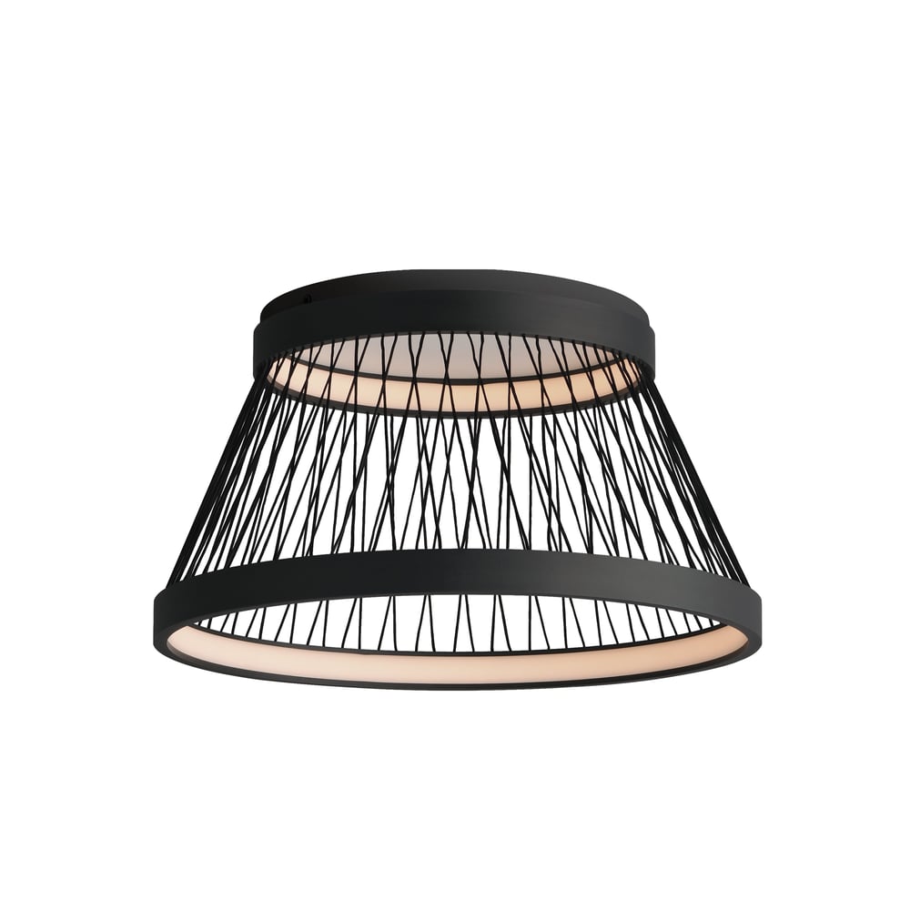 ET2 Loom Flush Mount light fixture in a sleek black aluminum finish, featuring a modern design with a circular shape and diffused illumination.