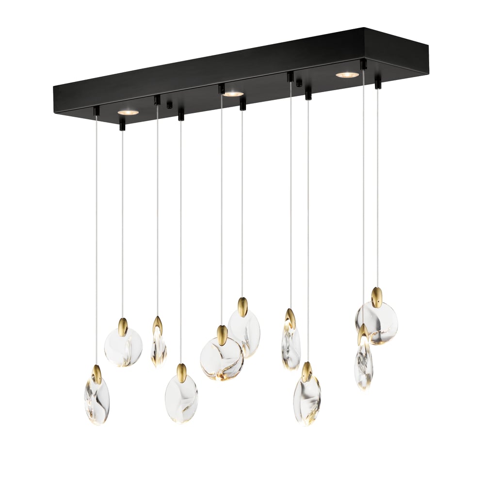 ET2 Pebble Linear Multi-Light Pendant featuring a sleek design in Steel with Black and Polished Gold accents, showcasing multiple hanging lights.