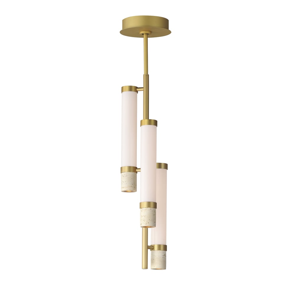 ET2 Travertine 3-Light LED Pendant featuring a sleek design with a Travertine with Gold finish, crafted from Steel and Stone, elegantly suspended.