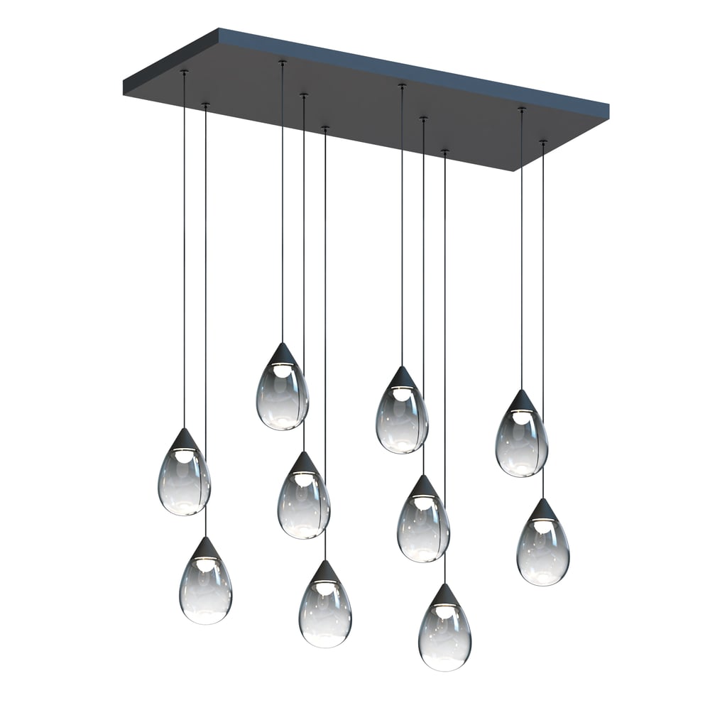 ET2 Dewdrop Linear Suspension light fixture with a sleek black steel finish, featuring elegant glass elements and polycarbonate accents.
