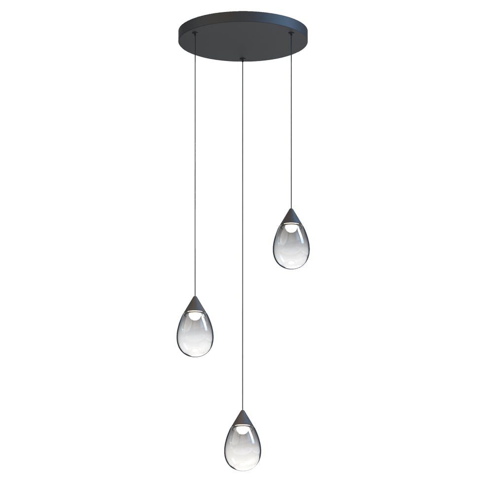 ET2 Dewdrop Multi Light Pendant featuring a sleek design with black steel, polycarbonate, and glass elements, elegantly suspended in a modern arrangement.