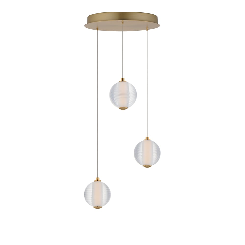 ET2 Rhythm Multi Light Pendant featuring a modern design with multiple steel and glass elements in a gold finish, elegantly hanging at varying heights.