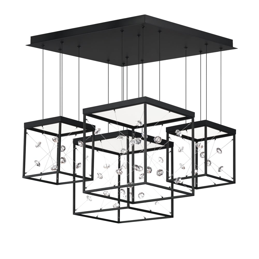 ET2 Entanglement Square Multi-Light Pendant featuring a modern design with black steel and crystal elements, elegantly suspended for a stylish ambiance.
