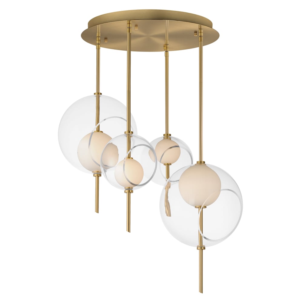ET2 Martini Multi Light Pendant featuring a cluster of glass lights suspended from a natural aged brass fixture, creating an elegant and modern look.