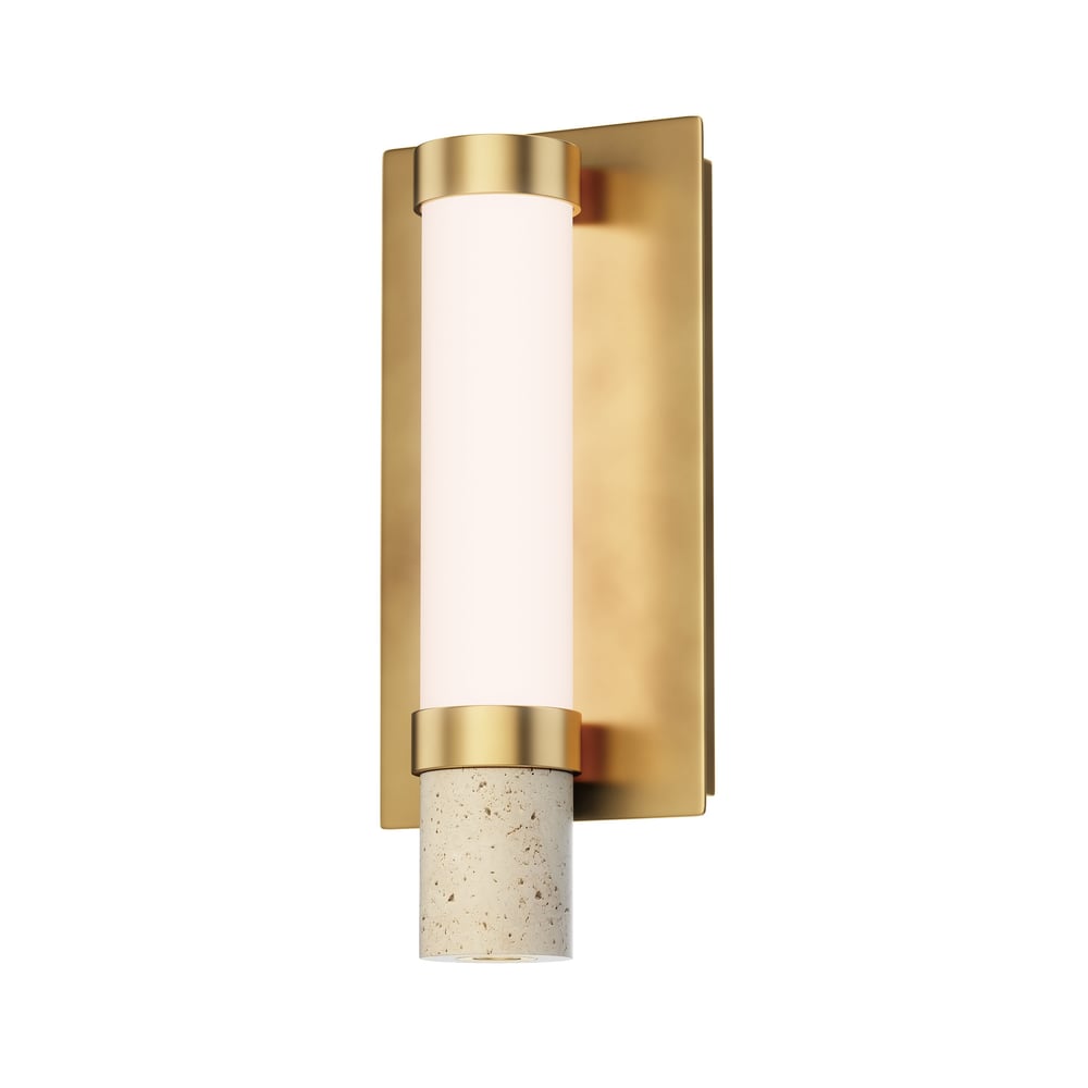 ET2 Travertine Wall Sconce featuring a sleek stone design with a travertine and gold finish, illuminating with a warm, elegant glow.