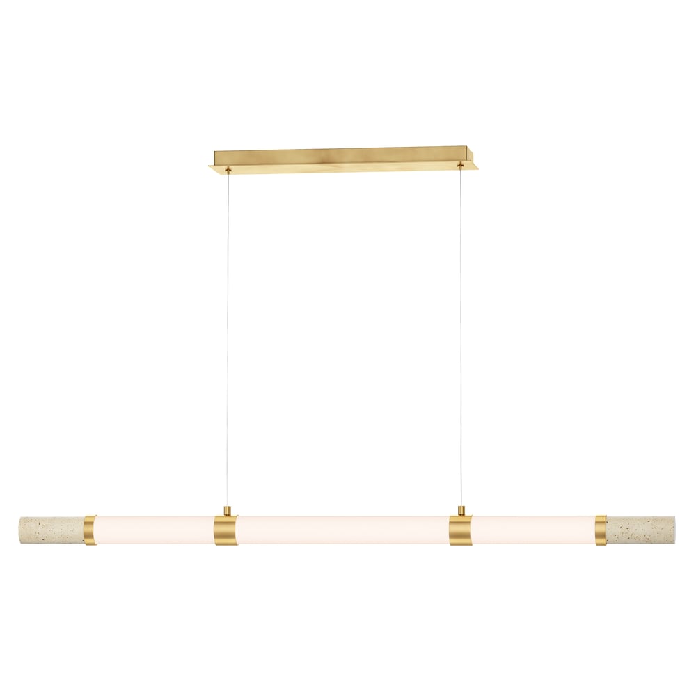 ET2 Travertine Linear Suspension: A sleek lighting fixture with a travertine and gold finish, featuring a modern design with steel, acrylic, and stone elements.