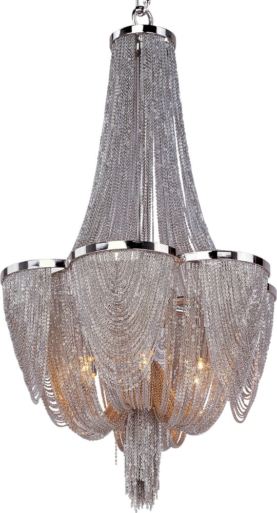 Maxim Lighting Chantilly Chandelier in Polished Nickel, crafted from durable steel, adds elegance to any space.