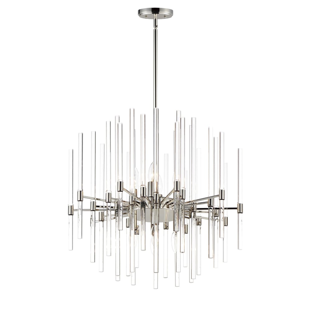 Maxim Lighting Divine Chandelier in Polished Nickel finish, featuring an elegant steel and glass design with multiple lights arranged in a circular pattern.