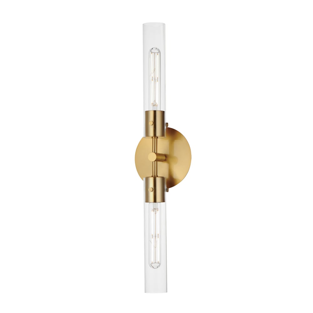 Maxim Lighting Equilibrium Wall Sconce in Natural Aged Brass finish, featuring a sleek design with steel and glass elements.
