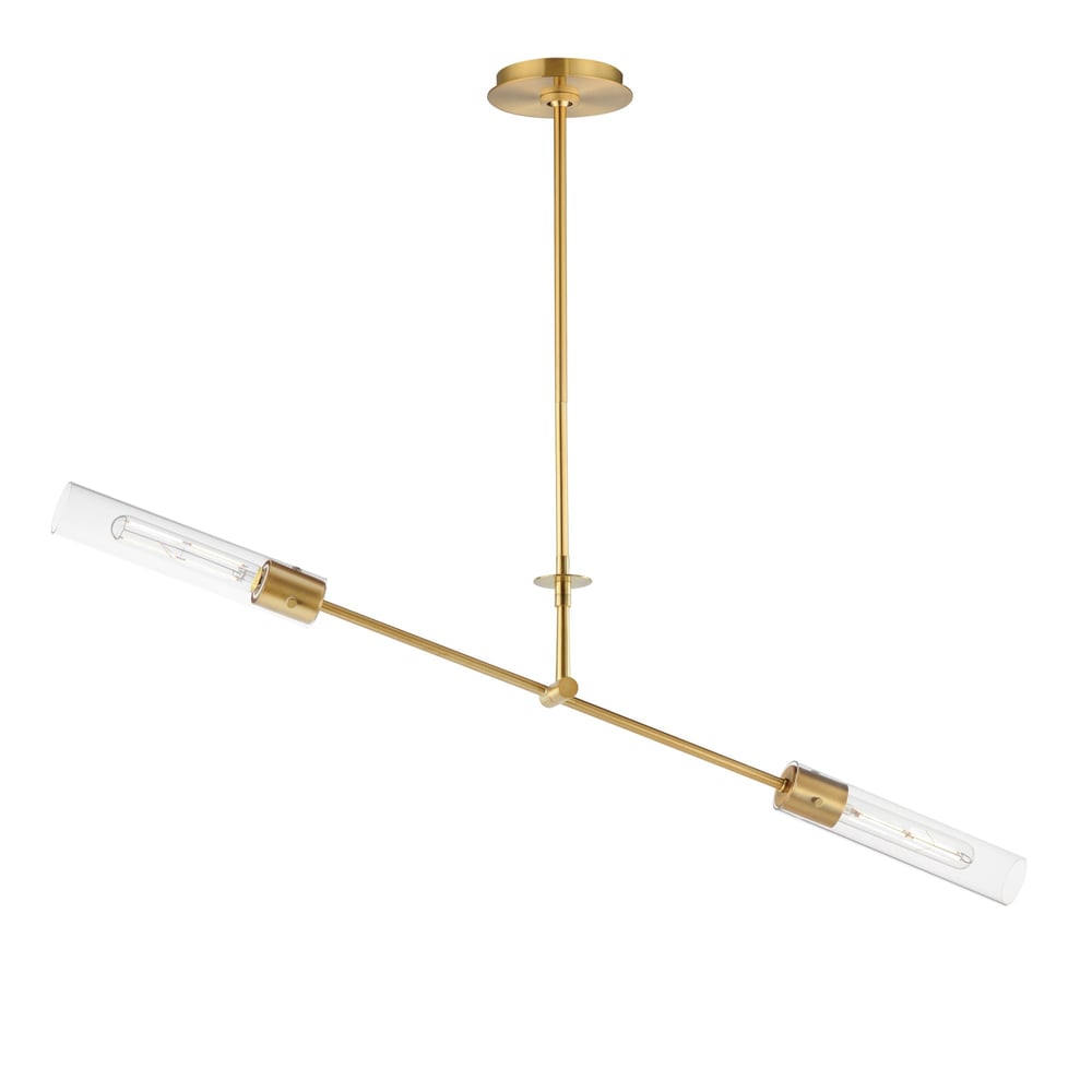 Maxim Lighting Equilibrium Linear Pendant in Natural Aged Brass finish, featuring a sleek steel and glass design with modern, elegant lines.