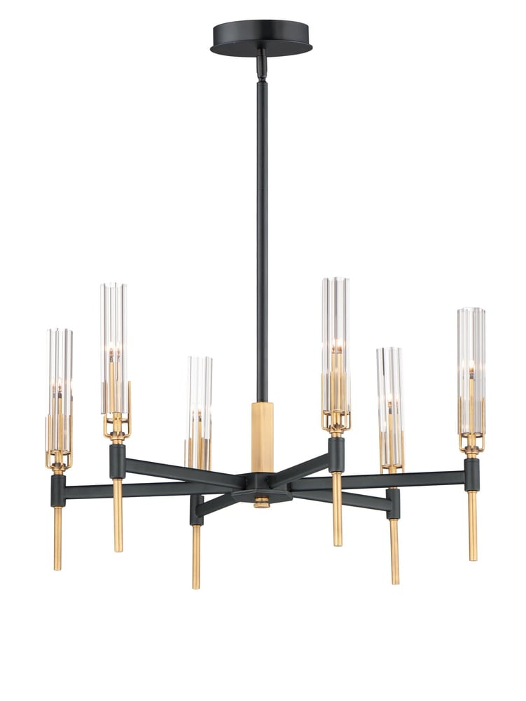 Maxim Lighting Flambeau Chandelier in Black with Antique Brass finish, featuring a steel and glass design with elegant curved arms and candle-style lights.