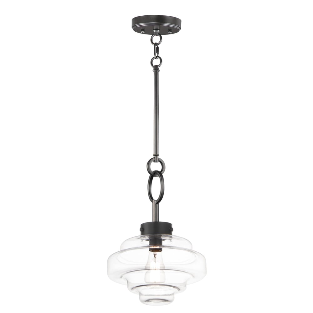 Maxim Lighting Harbor Pendant in black finish featuring a sleek steel frame with a clear glass shade, casting a modern and elegant glow.