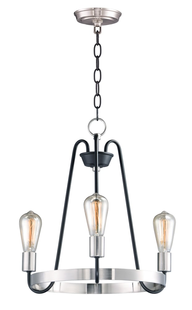 Maxim Lighting Haven Chandelier in Steel, featuring a modern design with a Black finish and Satin Nickel accents, elegantly hanging from the ceiling.