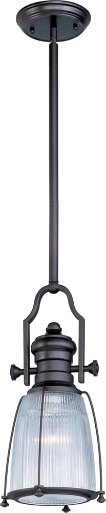 Maxim Lighting Hi-Bay Clear Pendant featuring a steel and glass design with a bronze finish, hanging from a ceiling, illuminating a modern space.